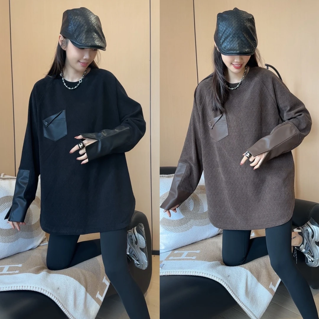 二姐的宝藏秋冬拼接格纹设计皮质袖口圆领小口袋长袖T恤#24330