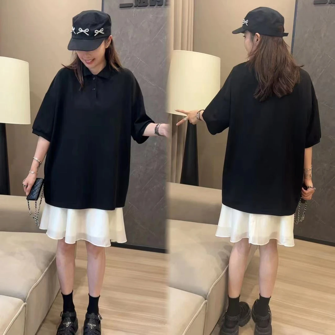 二姐的宝藏中长款polo领T恤冰丝宽松百褶半身裙#24166