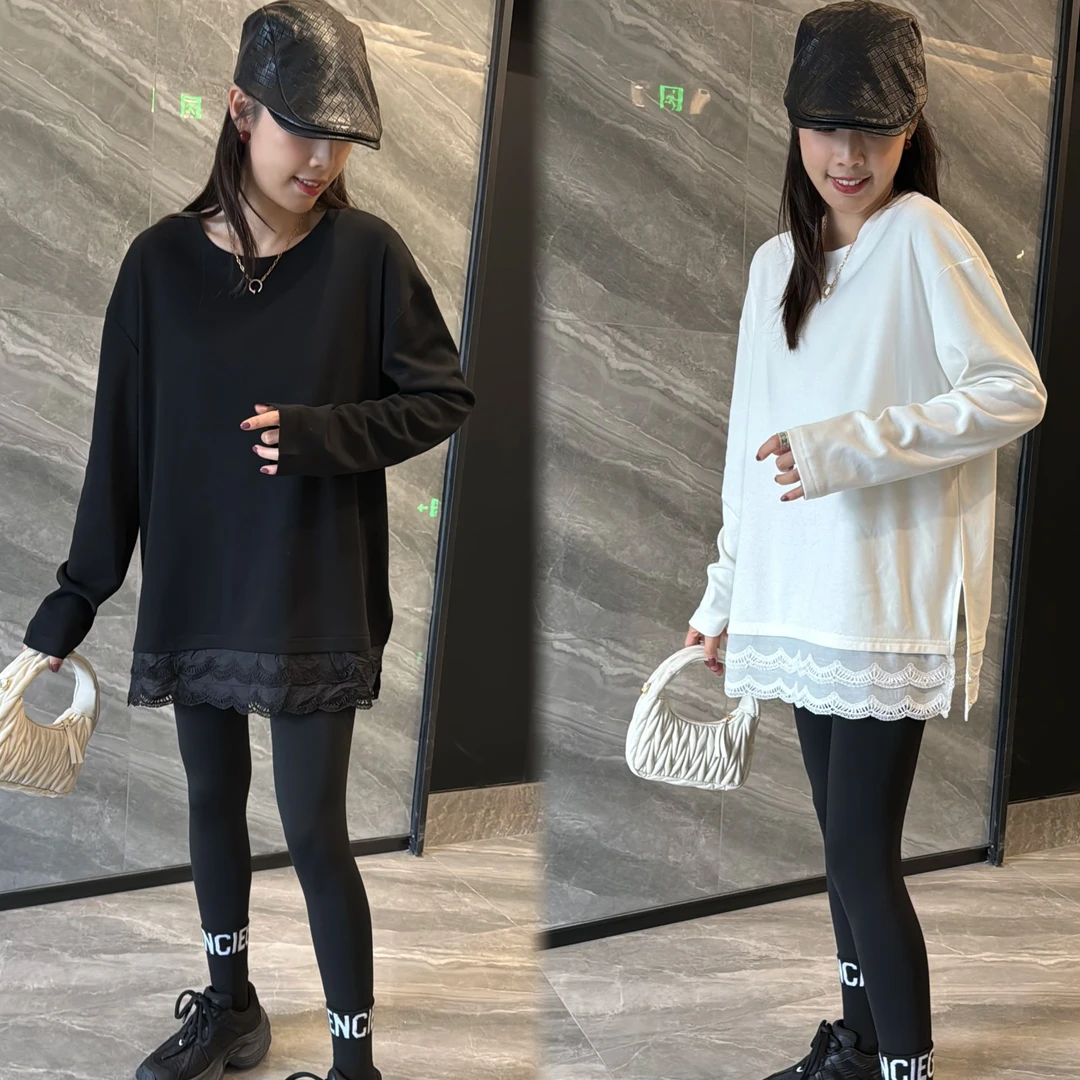 二姐的宝藏秋冬新款高级感百搭圆领镂空刺绣边长袖T恤#24365