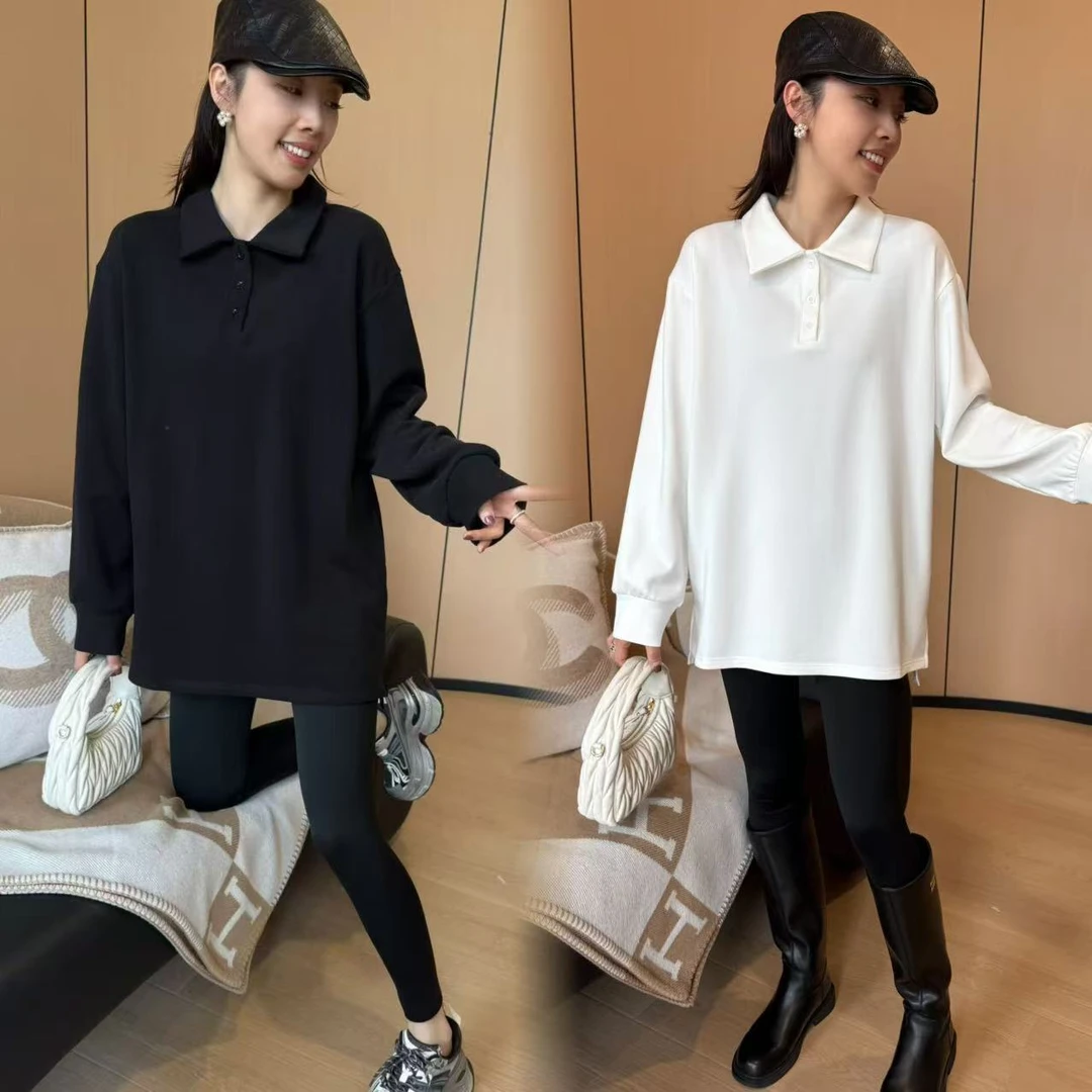 二姐的宝藏 宽松休闲风翻领加绒t恤秋冬中长款内搭衬衫#24457