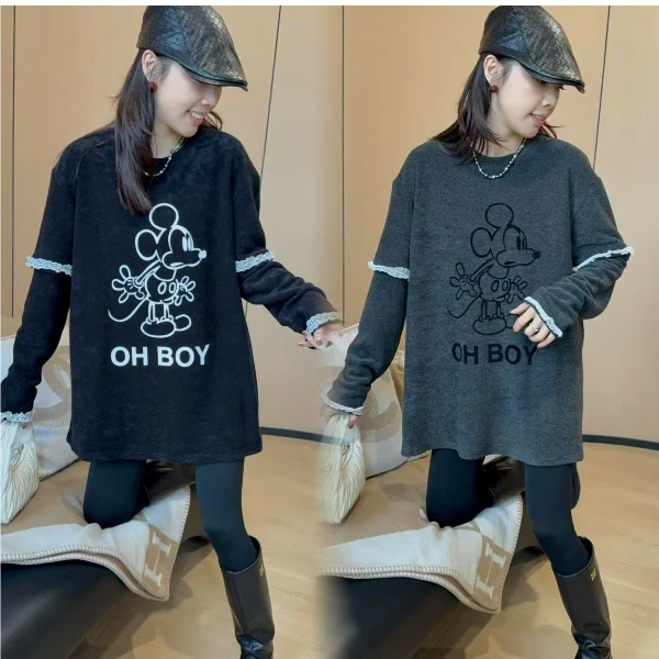 二姐的宝藏秋冬新款洋气时尚高级感米奇字母长袖绒感T恤#24451