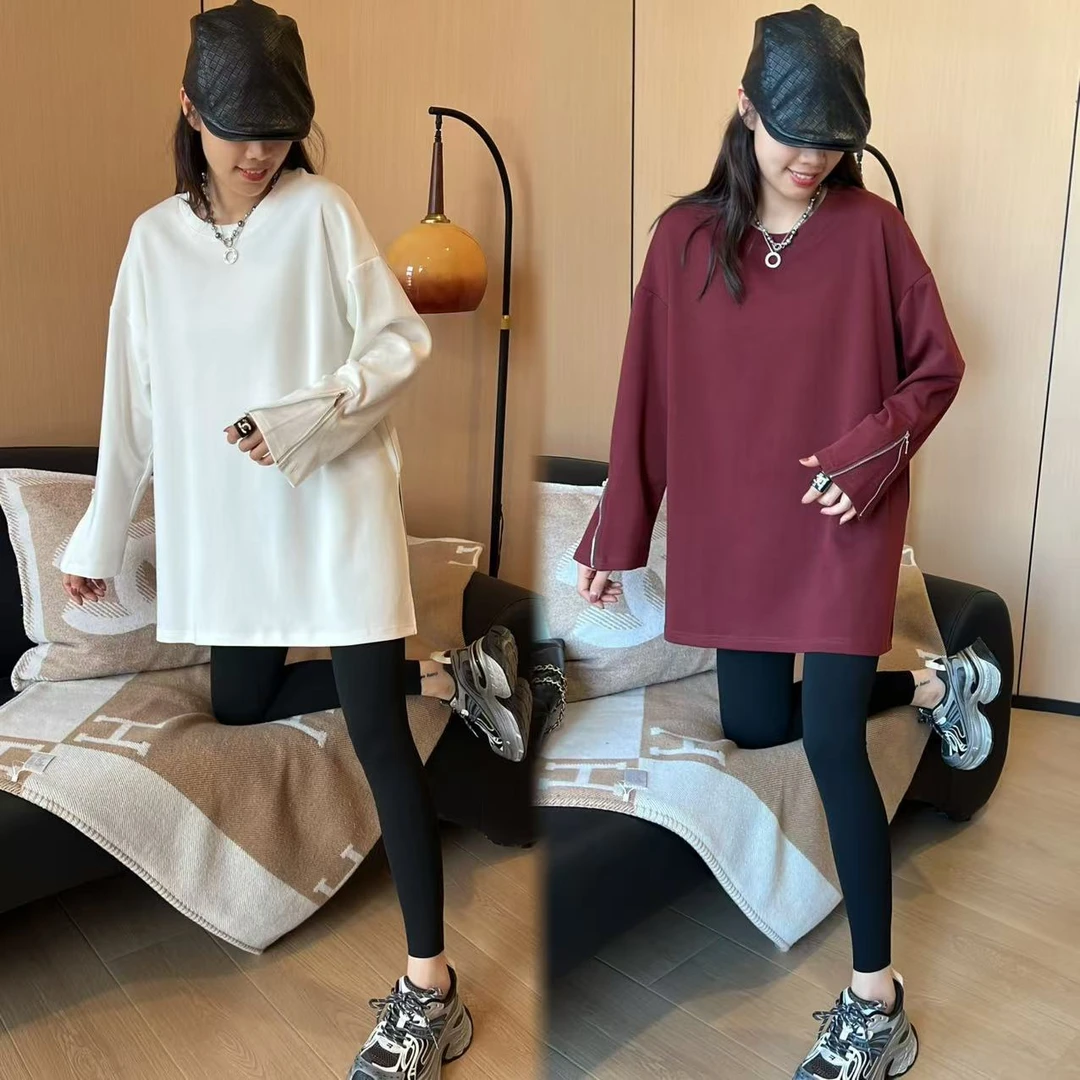 二姐的宝藏秋季袖口假拉链简约设计感休闲T恤上衣打底长袖#24320