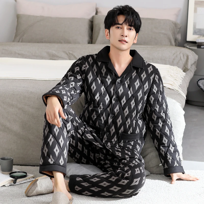 冬季睡衣男士三层加绒加厚纯棉夹棉秋冬款全棉男款冬天家居服套装