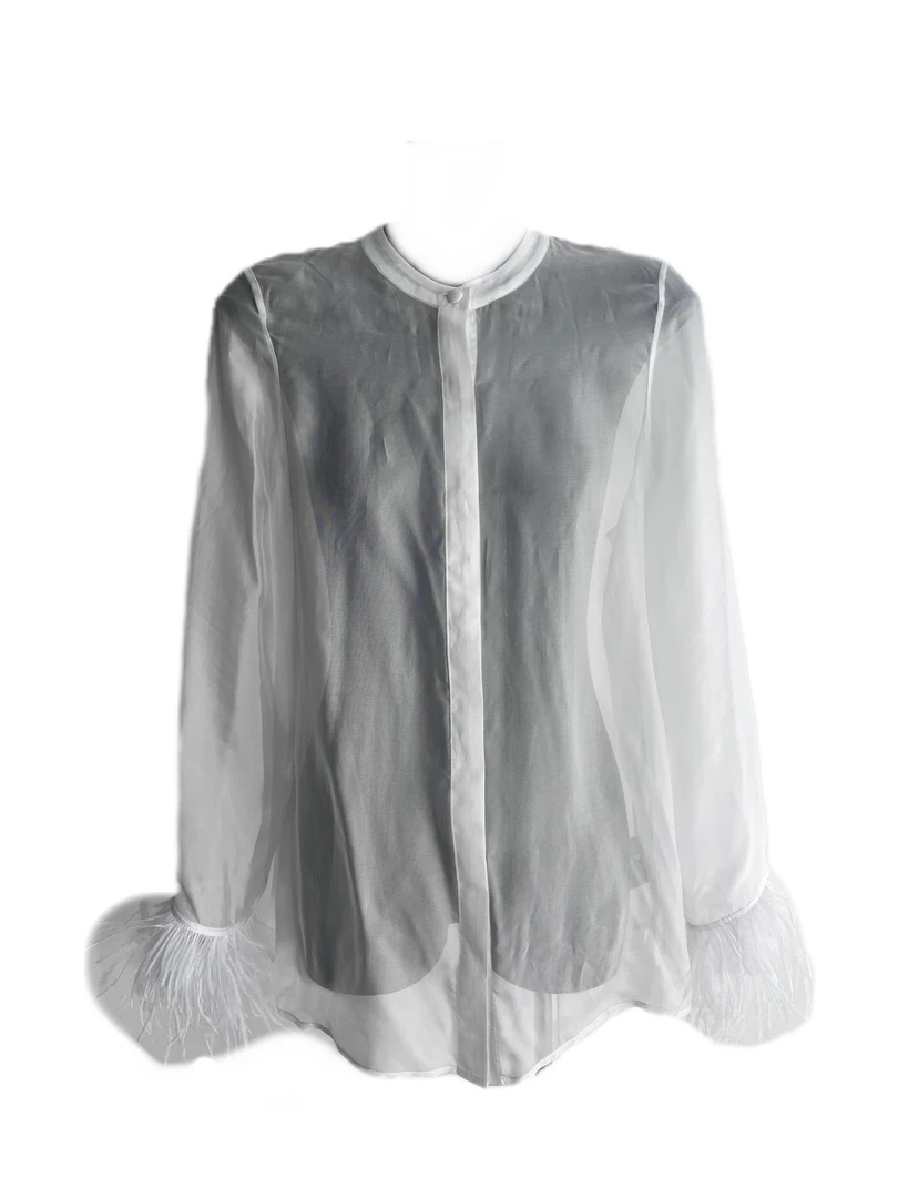 娇娇“du家”联名款xJUNYANG欧根纱真丝羽毛衬衫