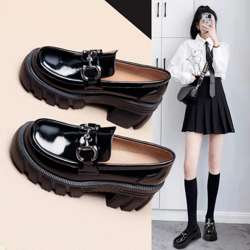 【红姐推荐】鞋黑色百搭7公分厚底小皮鞋女英伦风5080-10