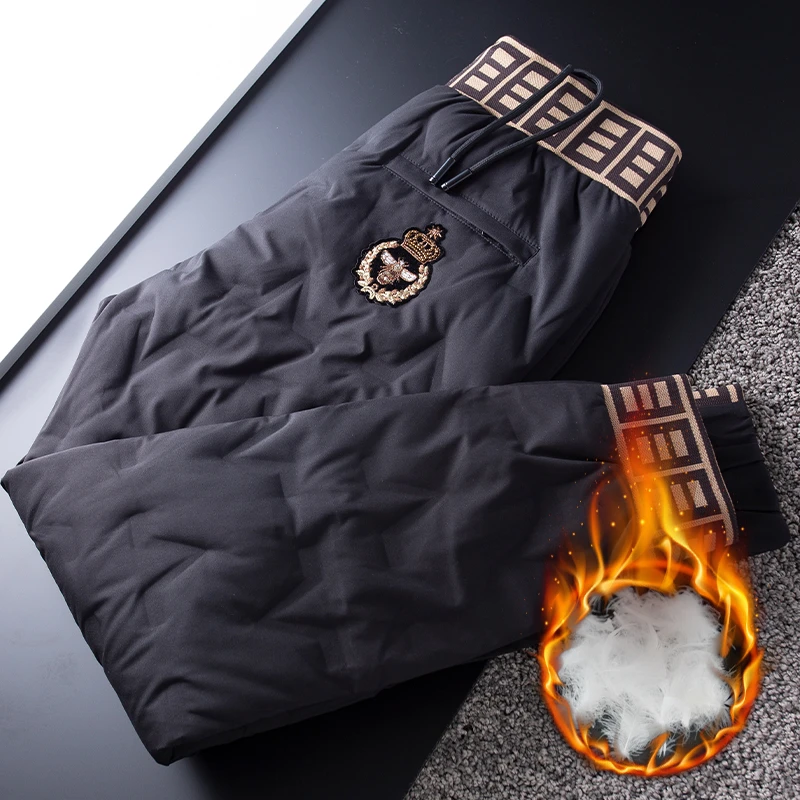 深冬季加绒加厚保暖白鸭绒羽绒裤男修身户外穿防水休闲运动裤男士