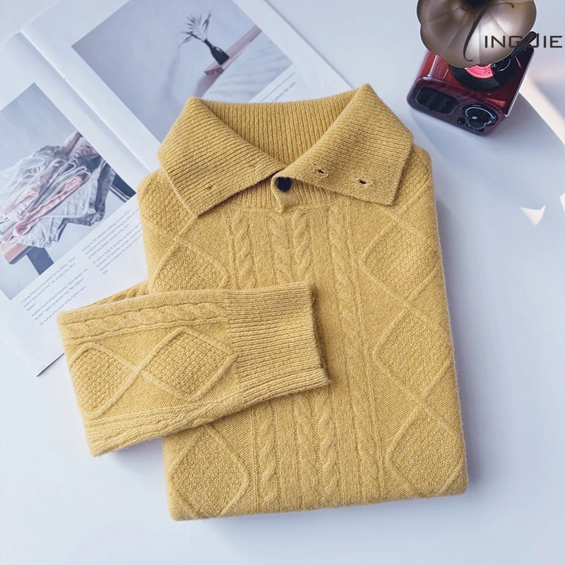 【冬日暖阳】100%羊毛经典提花时尚休闲百搭翻领加厚秋冬毛衣B2114