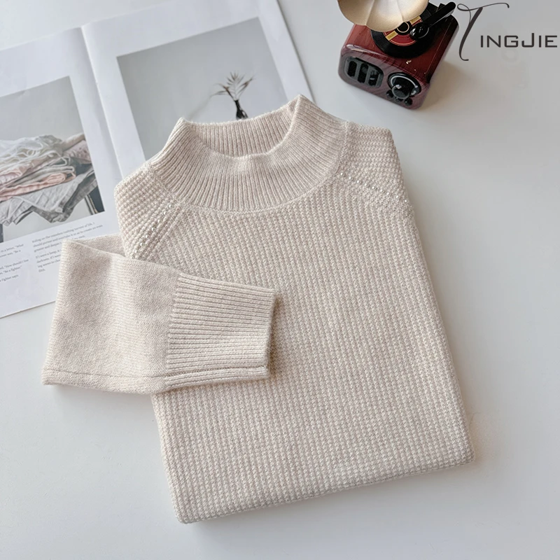 【婷姐优选】温柔米白色/大气简约手工精致钉珠针织套头毛衣B1518