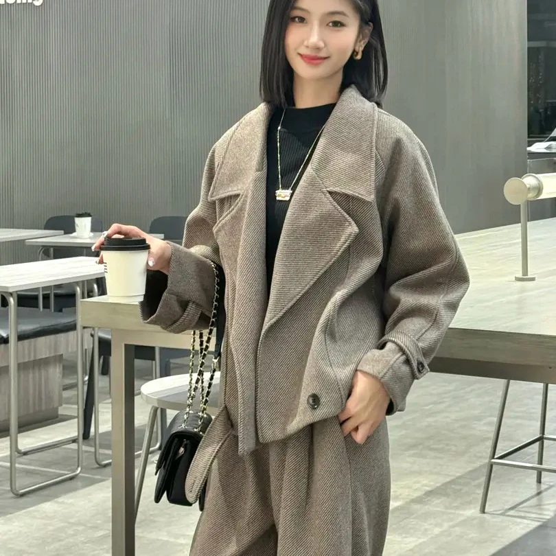 2024新款秋冬时尚洋气炸街女装毛呢外套+阔腿裤两件套装10038