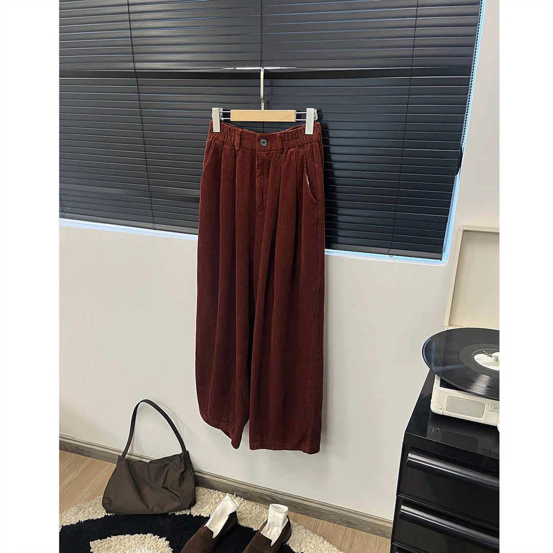 2023秋冬款灯芯绒长裤二代气球裤松紧腰两度水洗复古红梨形身材入