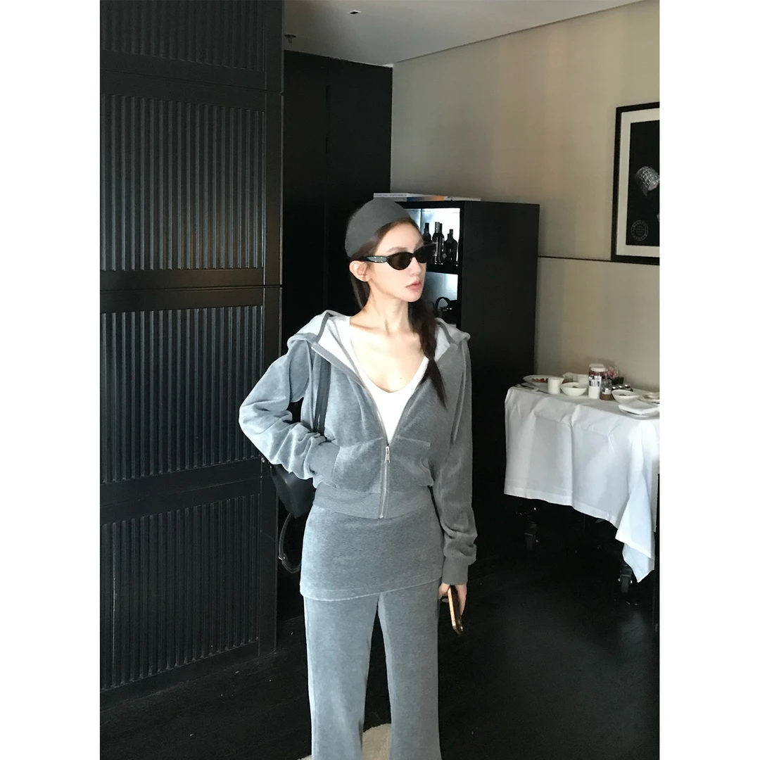 【青苍6折】Skk Store360G天鹅绒连帽拉链卫衣微喇休闲裤套装秋