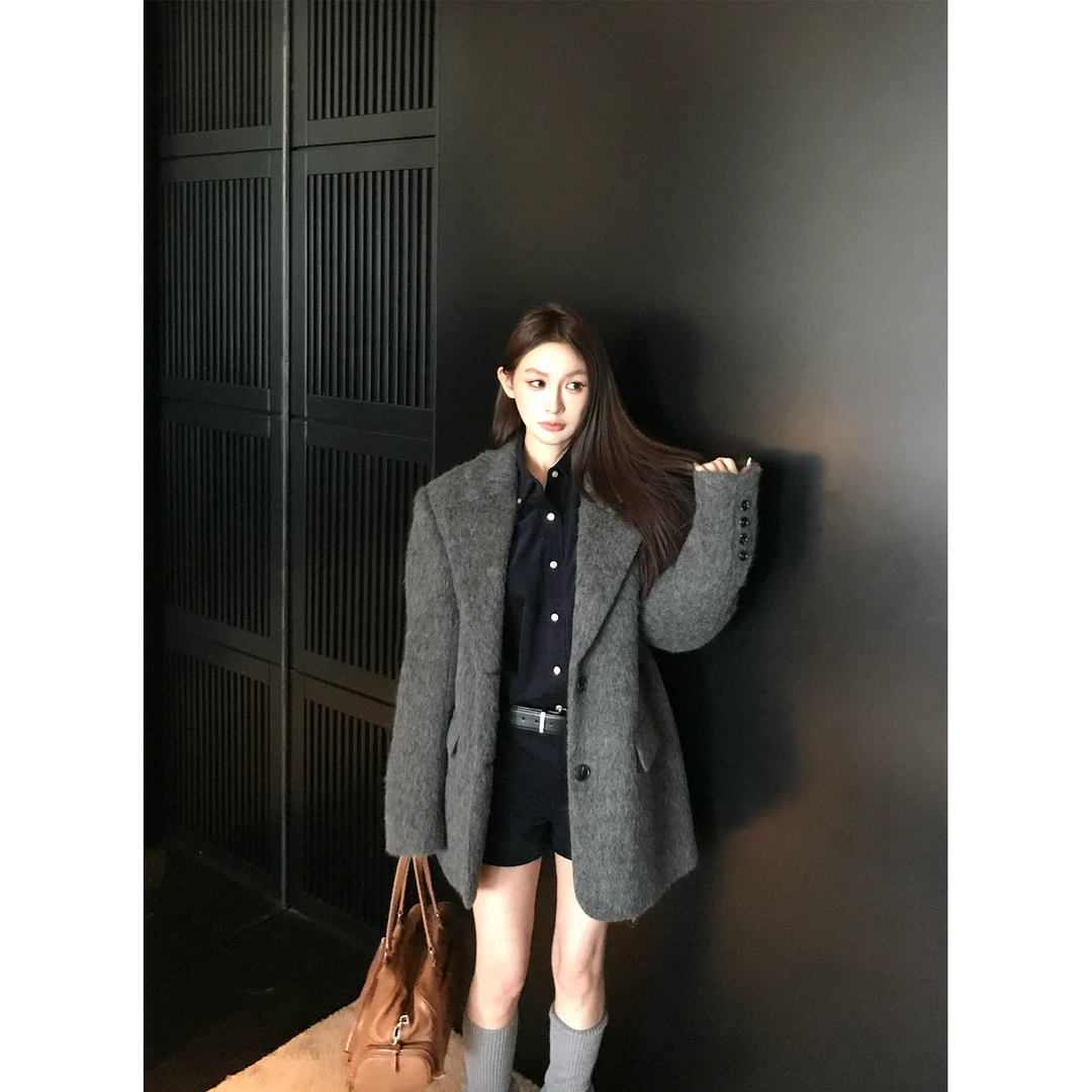 Skk Store630G复古毛呢大衣宽松休闲西装外套女