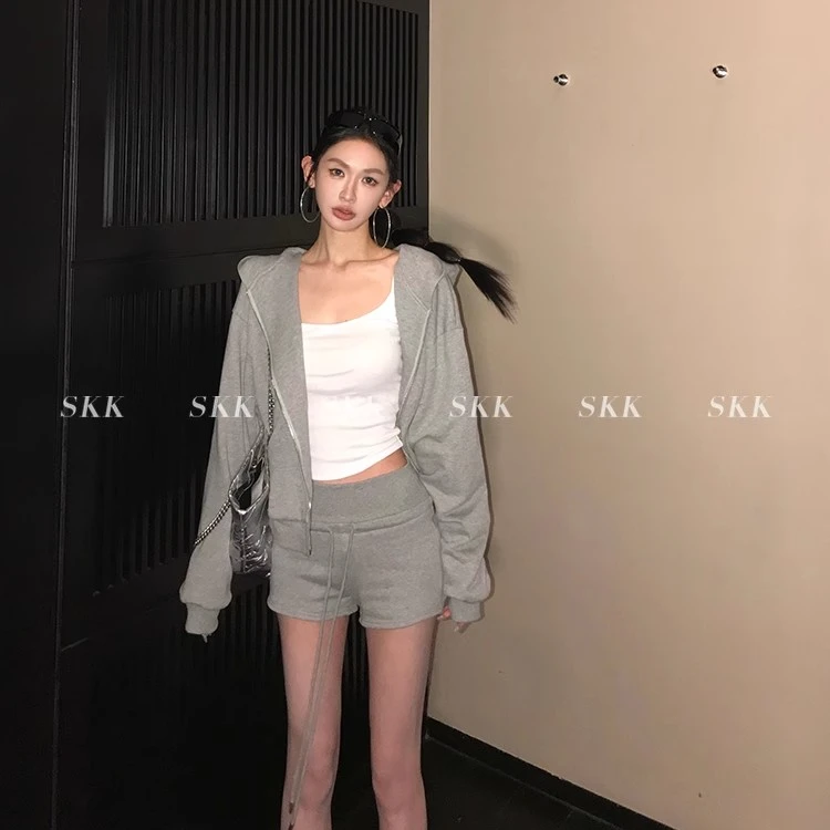 Skk Store休闲运动套装女连帽卫衣卫裤短裤套装春夏三件套