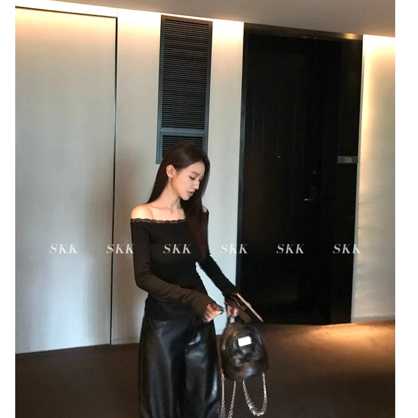 Skk Store 欲望都市 一字肩蕾丝拼接T恤修身长袖上衣女秋
