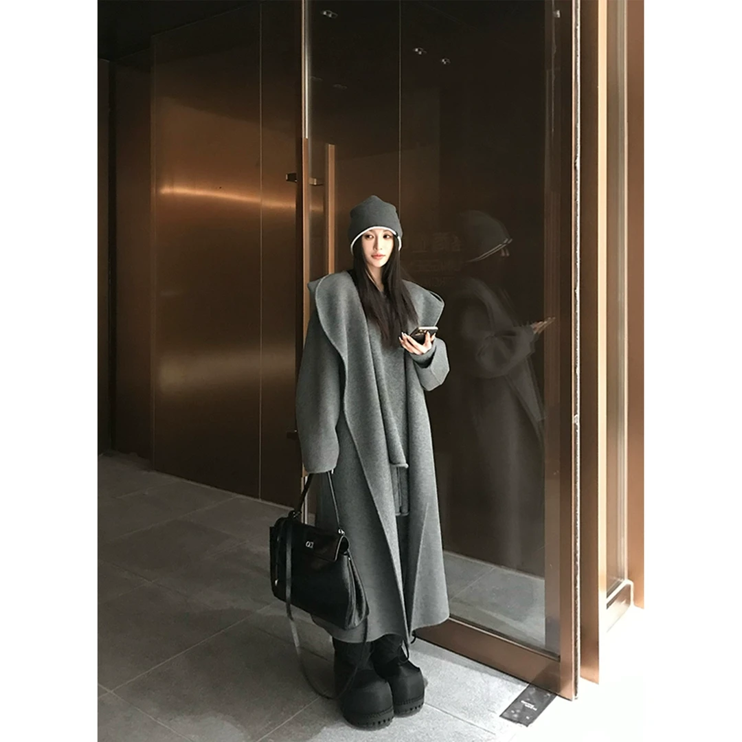 Skk Store 松弛典藏100羊毛重磅连帽双面呢大衣女冬长款毛呢外套