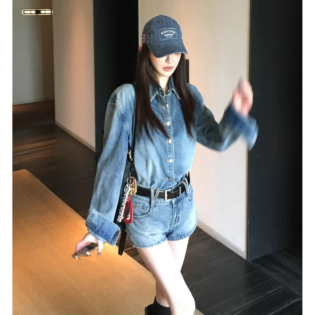 Skk Store巴黎腔调 蓝色复古水洗衬衫女夏秋牛仔短裤套装