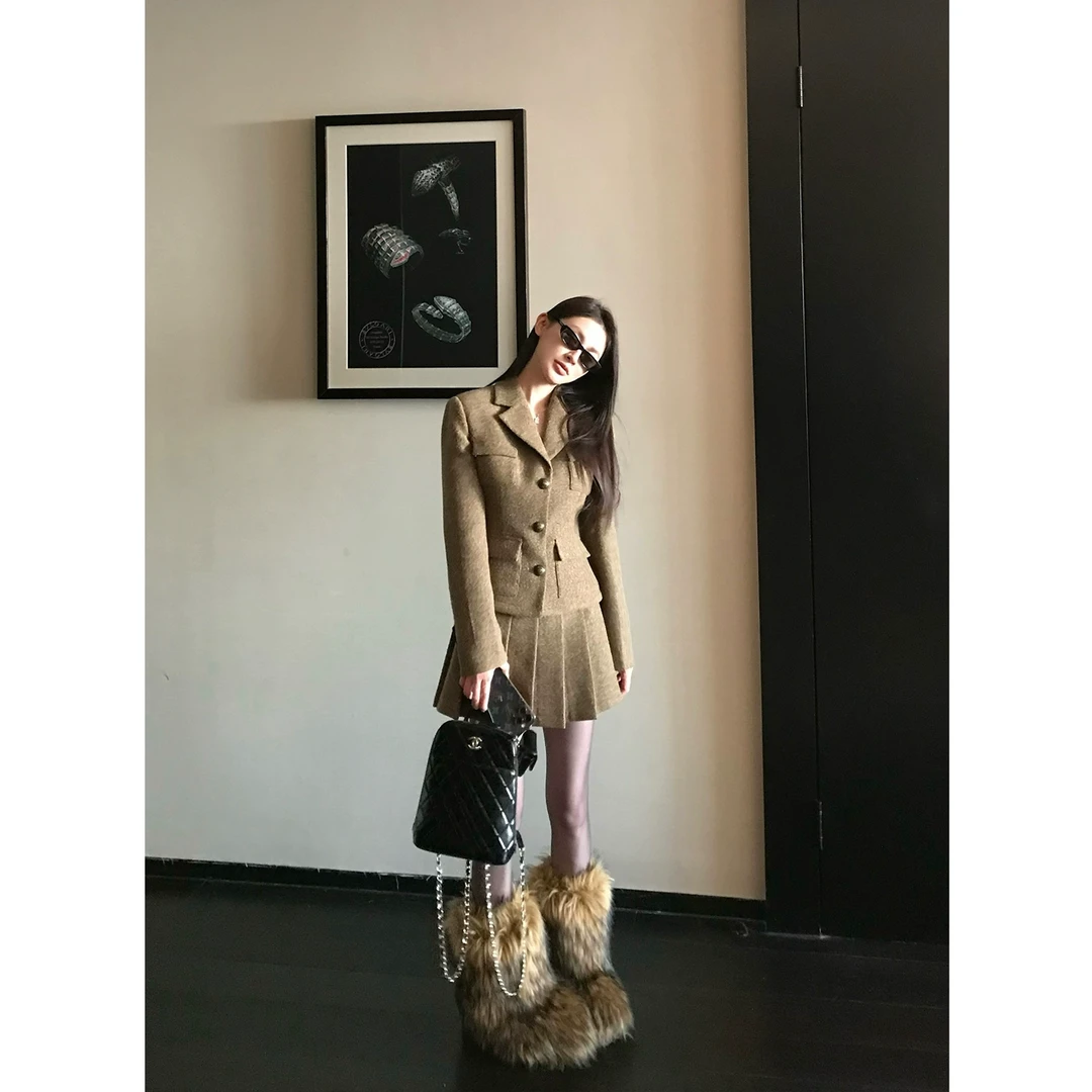 Skk Store 榛巧琉璃 羊毛小香风短款毛呢西装外套百褶半身裙套装