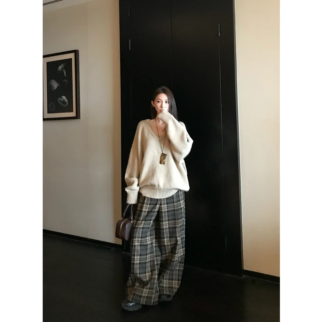 Skk Store 杨超越同款 复古棕咖格子弯刀裤女秋冬宽松阔腿休闲裤