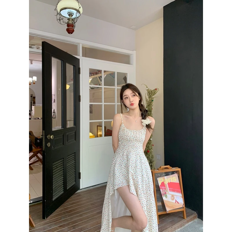新款假日碎花吊带连衣裙女甜美叠穿收腰A子大摆长裙女