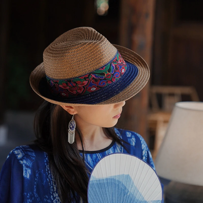 2024新款民族风帽子云南扎染布礼帽春夏季旅游遮阳帽时尚百搭草帽