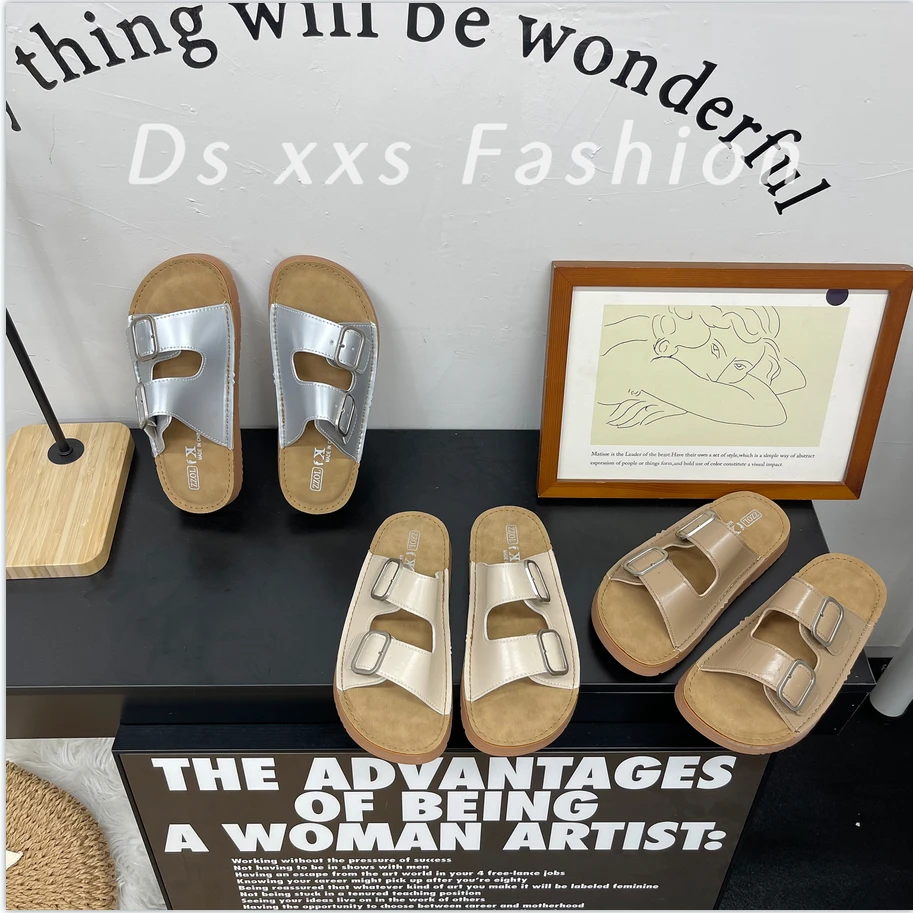 踩屎感勃肯鞋软底凉拖鞋女24夏季外穿百搭舒适厚底双排扣沙滩凉鞋