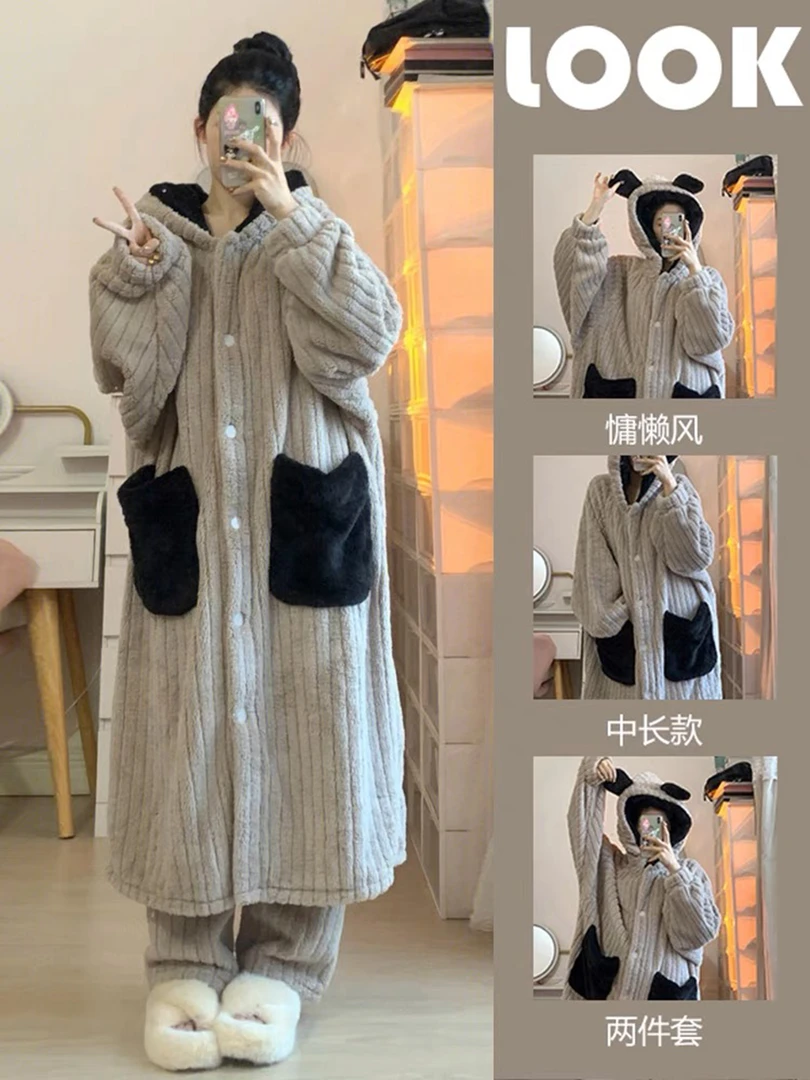 冬季加厚连帽珊瑚绒睡袍女加绒加厚慵懒风宽松睡衣保暖可爱家居服