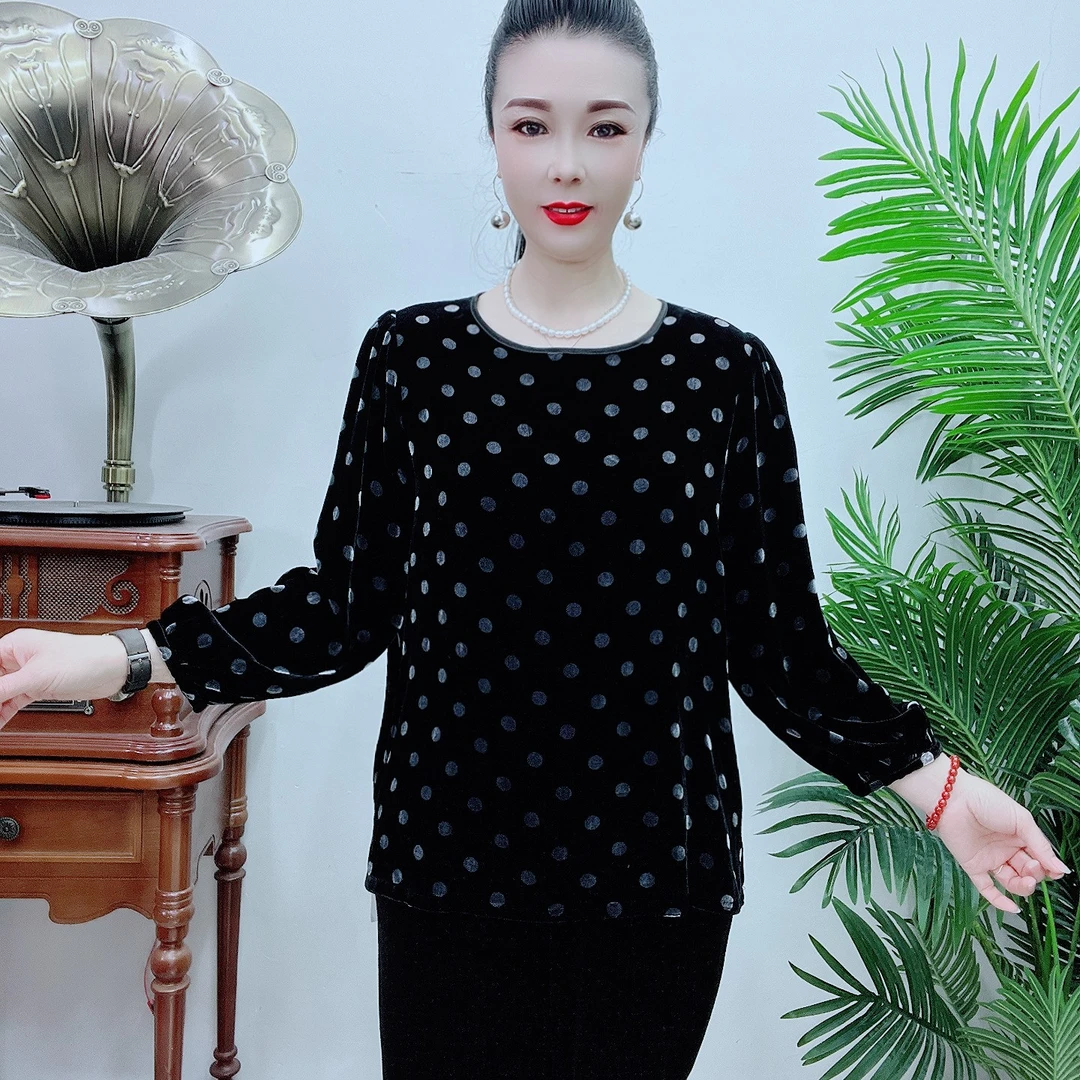 桑蚕丝小衫秋冬长袖时尚高档气质百搭减龄宽松大码88A007波点黑色