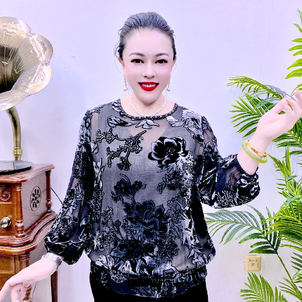 桑蚕丝小衫中老年时尚高档气质百搭休闲宽松减龄洋气显瘦 43A1987