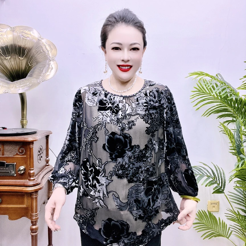 桑蚕丝显瘦百搭时尚洋气网红长袖复古中式提花气质上衣   43A2029