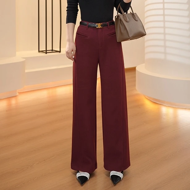 维伦多【摩登调调】毛呢直筒裤子女24冬款保暖修身百搭休闲裤C1313