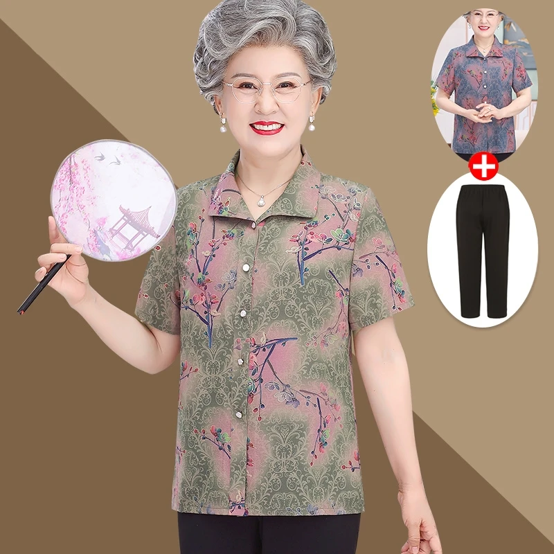 中老年妈妈装奶奶装夏季休闲薄款开衫老年人短袖上衣