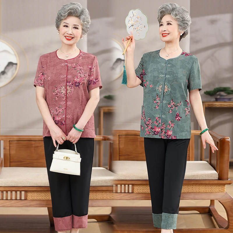 中老年妈妈装国风夏季短袖开衫洋气妈妈装薄款老年人休闲套装