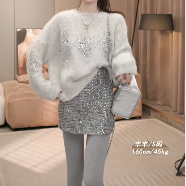 重工亮片宽松百搭毛衣新款2024年秋冬季慵懒风大版型套头针织衫