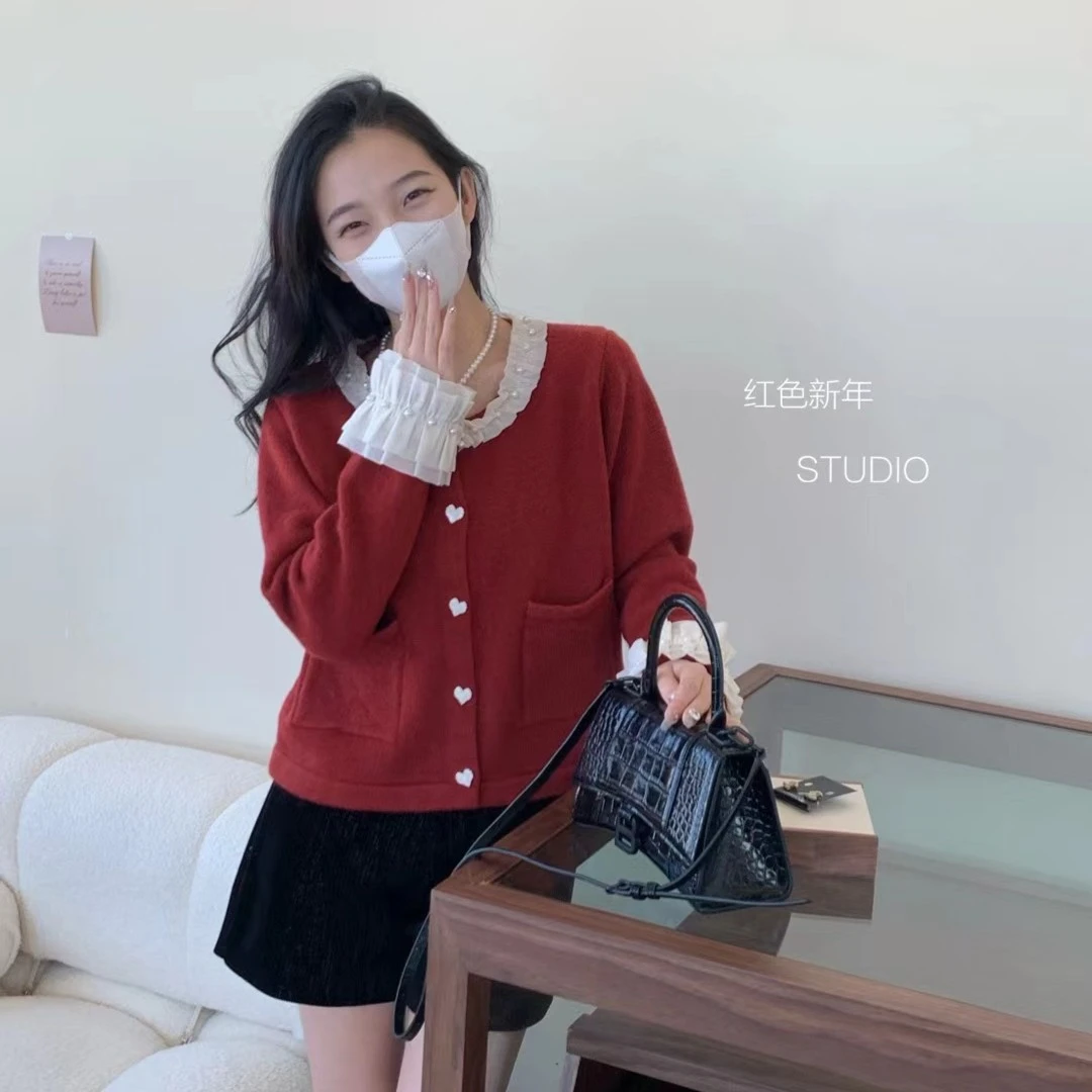 开衫小香风针织短款外套| 时尚红色圆领气质