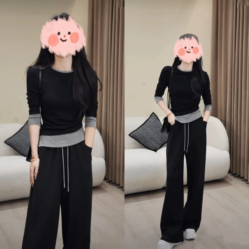 新款打底长袖恤女时尚设计感百搭显瘦上衣+宽松气质洋气休闲裤子