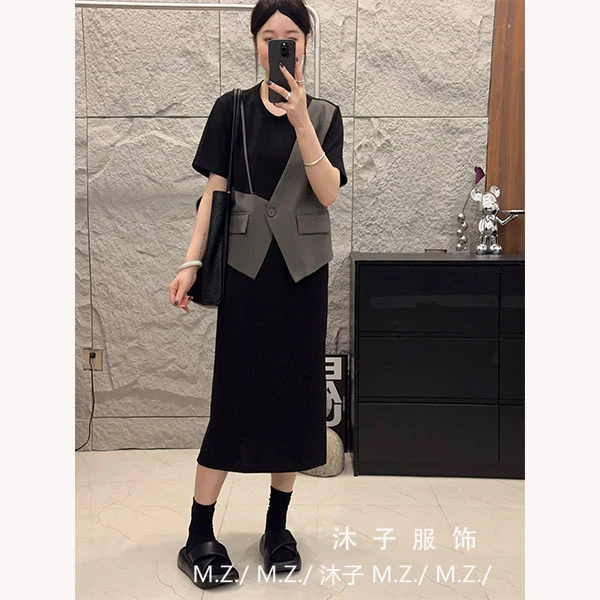 MuZi欧货马甲拼接俩两件宽松连衣裙