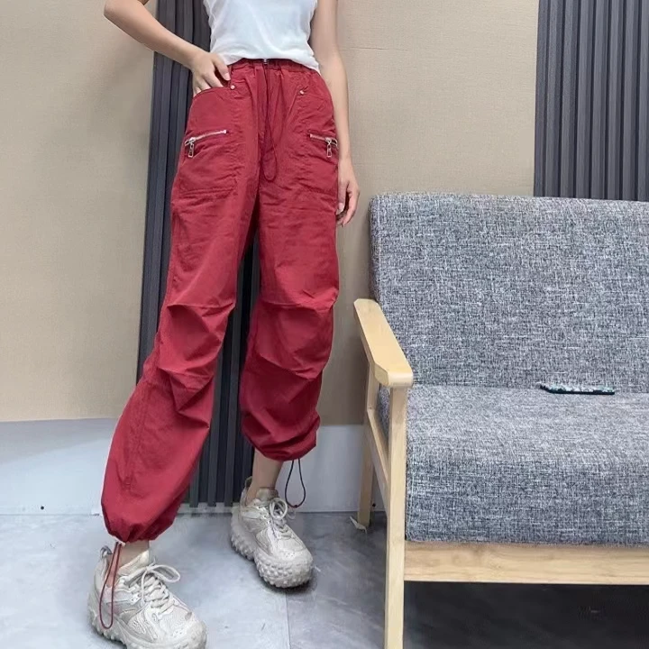 欧货工装裤女2024夏薄款舒适透气高腰宽松直筒美式复古哈伦束脚裤