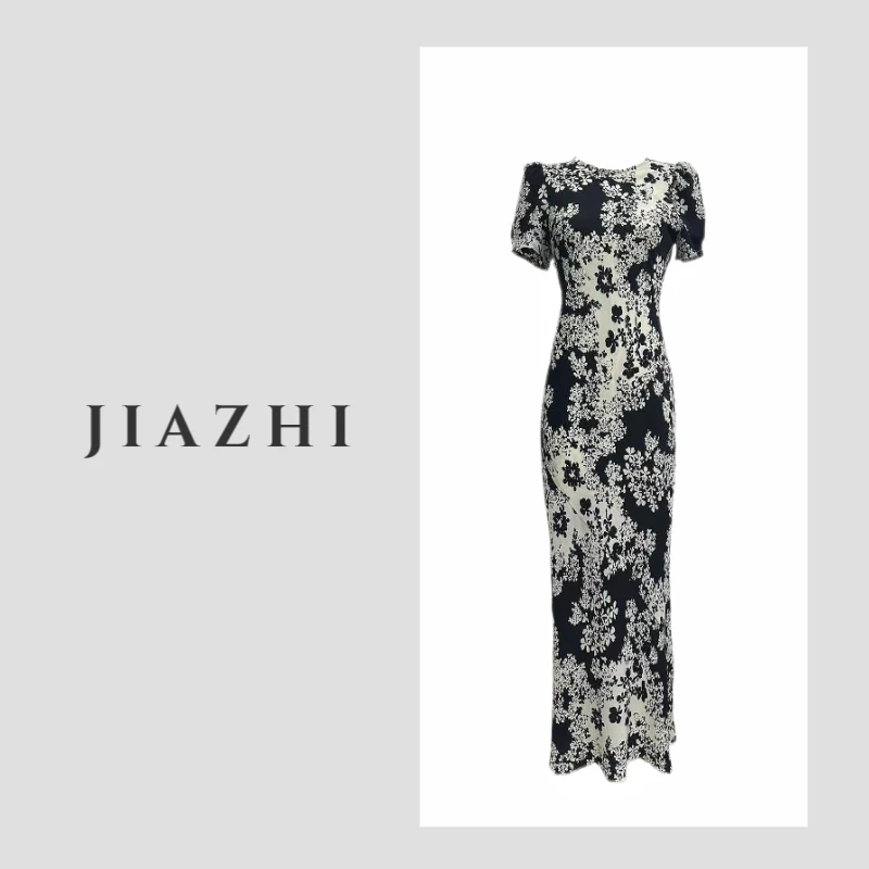 【水墨烟城】优雅斜裁水墨晕染花卉连衣裙女夏慵懒松弛感气质长裙