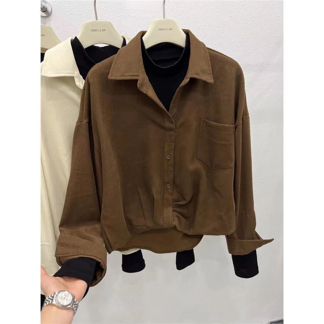 设计感半高领假两件灯芯绒衬衫女长袖上衣秋季2025新款打结衬衣潮