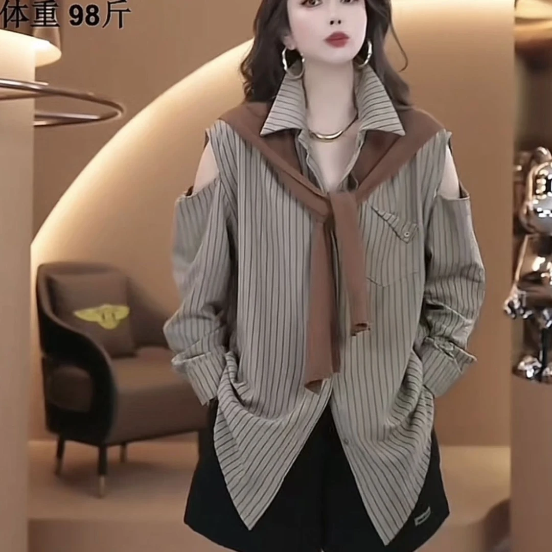 2025秋装新款时尚宽松遮肉百搭条纹拼色两件套披肩衬衣上衣女