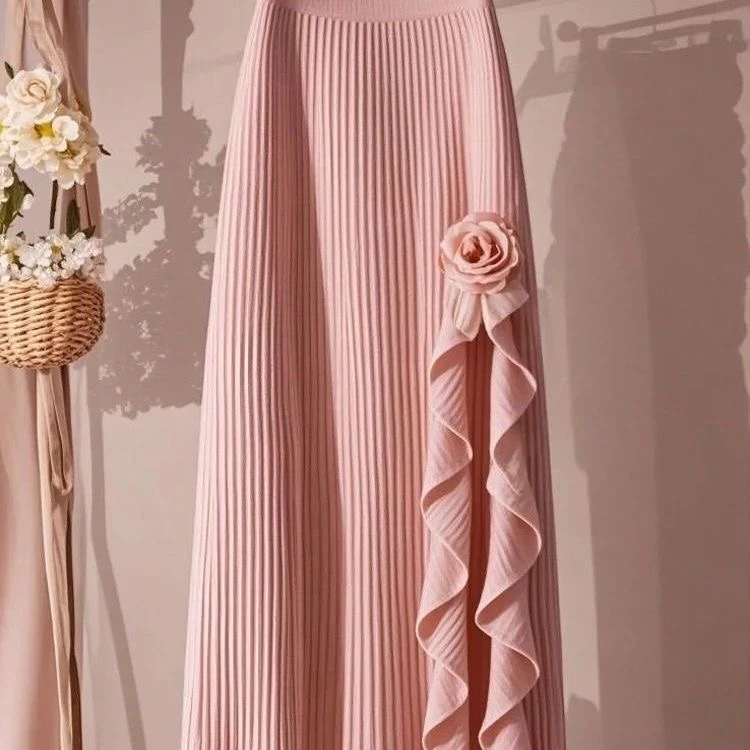 法式荷叶边不规则A字裙女2025秋冬新款高腰显瘦黑色中长半身裙女