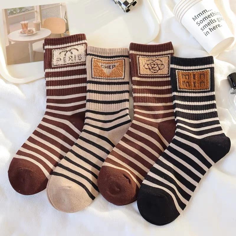 袜子百搭潮流网红条纹保暖潮袜秋冬季直筒堆堆袜小香植绒中筒棉袜