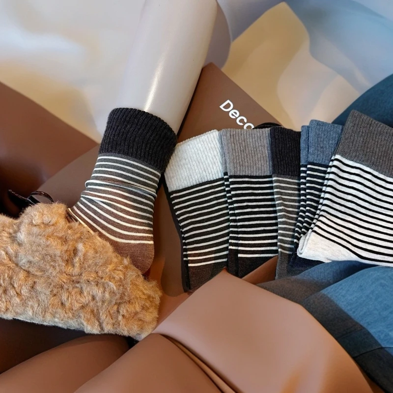 2025新款条纹松口网红直筒堆堆袜百搭休闲废土风复古中高筒棉袜子