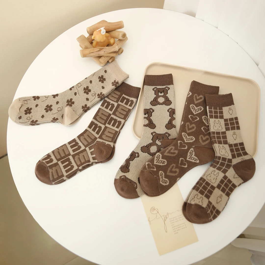 袜子秋冬中高筒袜双针美拉德ins复古日系咖色直筒堆堆袜百搭潮袜