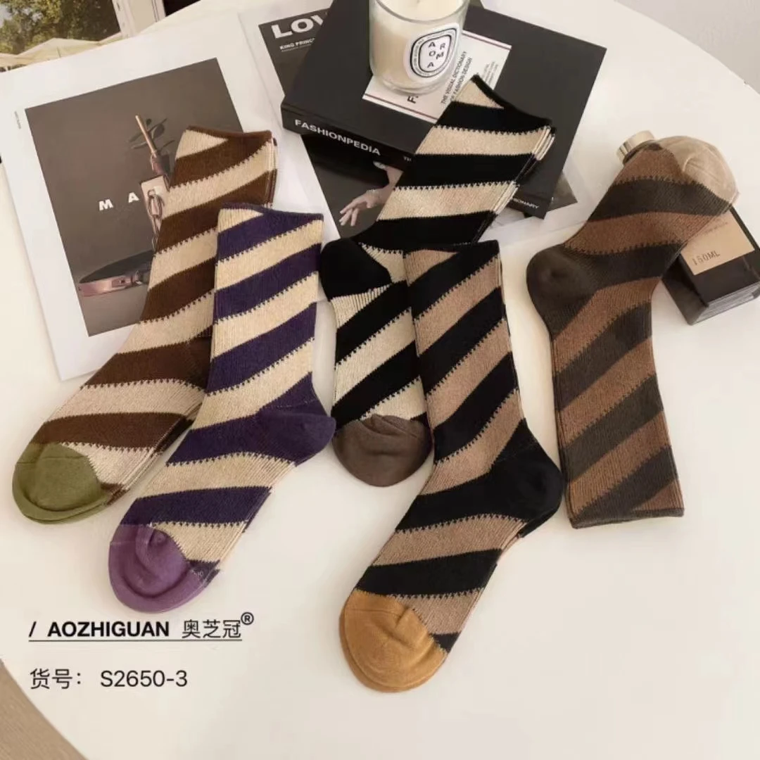 女士双针秋冬加厚网红条纹复古袜子中筒百搭棉袜潮流长袜堆堆袜