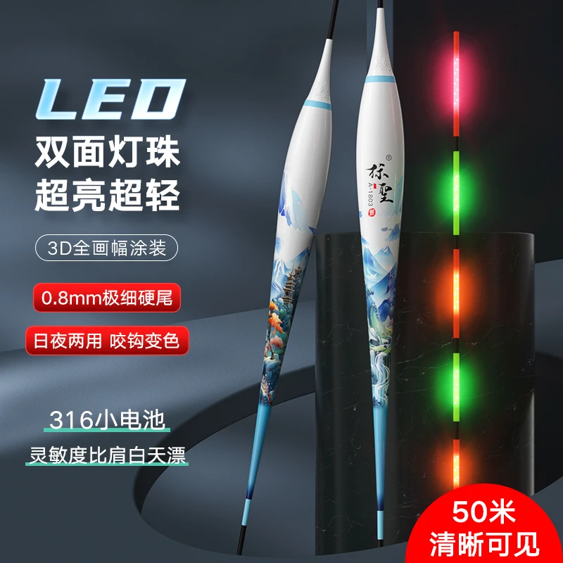 标圣超细硬尾LED电子漂高灵敏0.8mm咬钩变色夜光漂日夜两用鲫鱼漂
