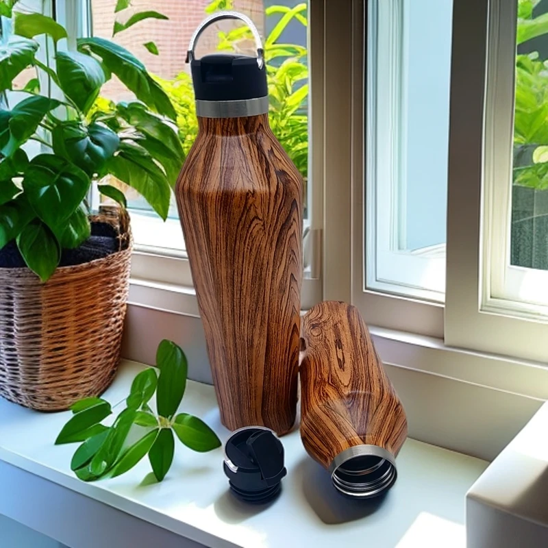 PAVOA/启越木纹设计提手盖不锈钢真空保温杯保温瓶高档创意便携