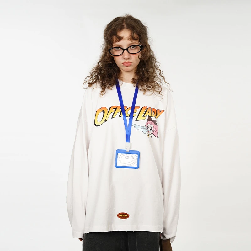 TIPSEVEN原创设计office lady系列字母女孩复古印花宽松长袖T恤