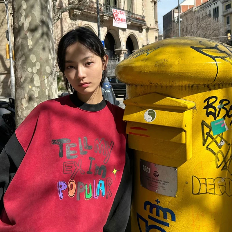 TIPSEVEN原创设计美式街头复古拼接袖子圆领卫衣宽松休闲长袖上衣