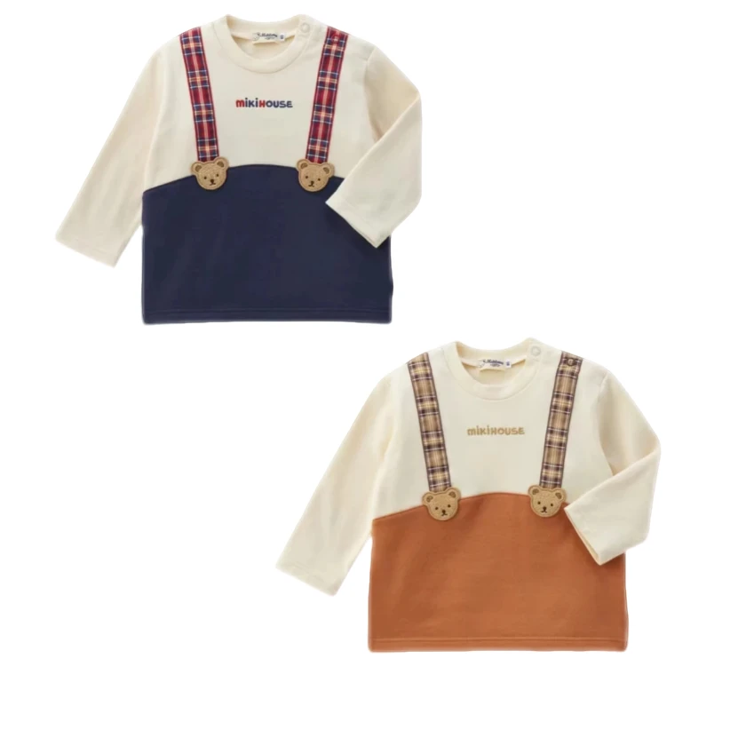 MIKIHOUSE2024秋季新款男宝女宝假背带拼接长袖T恤